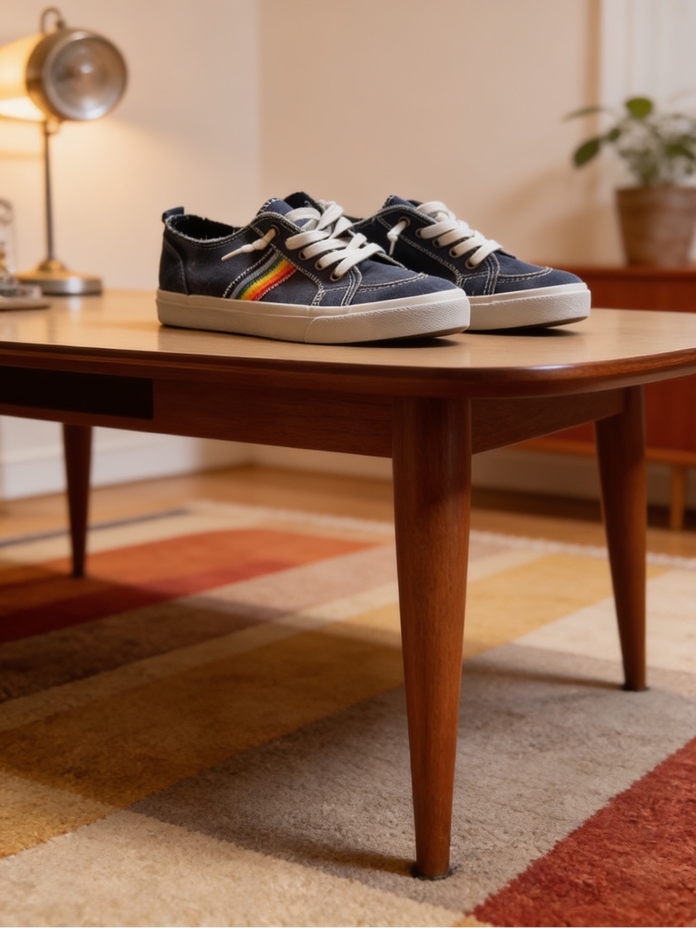 Kids Navy Canvas Sneakers with Rainbow Stripe